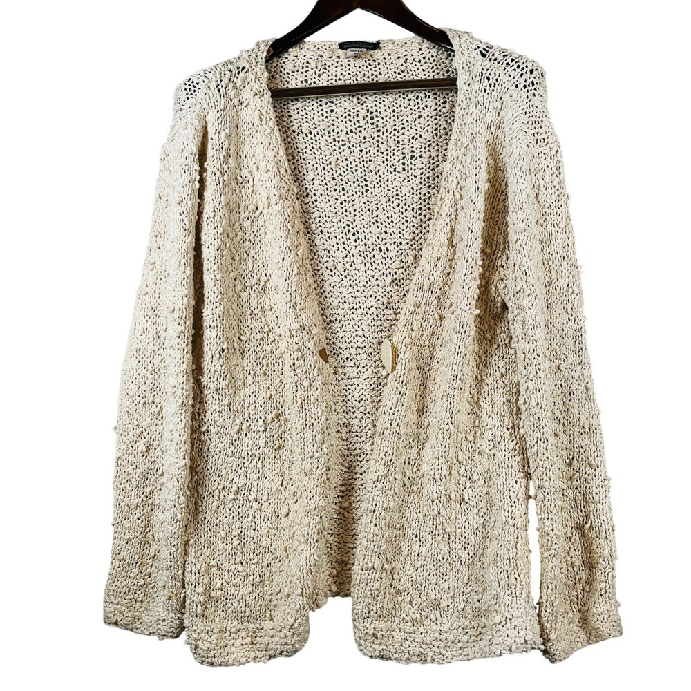 Sweater Girl Womens L Boho Hand Knit Cardigan Cream Cotton Textured Toggle